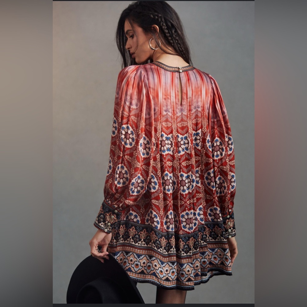 Anthropologie Rust Red Patterned Boho Mini Dress - Picture 3 of 4